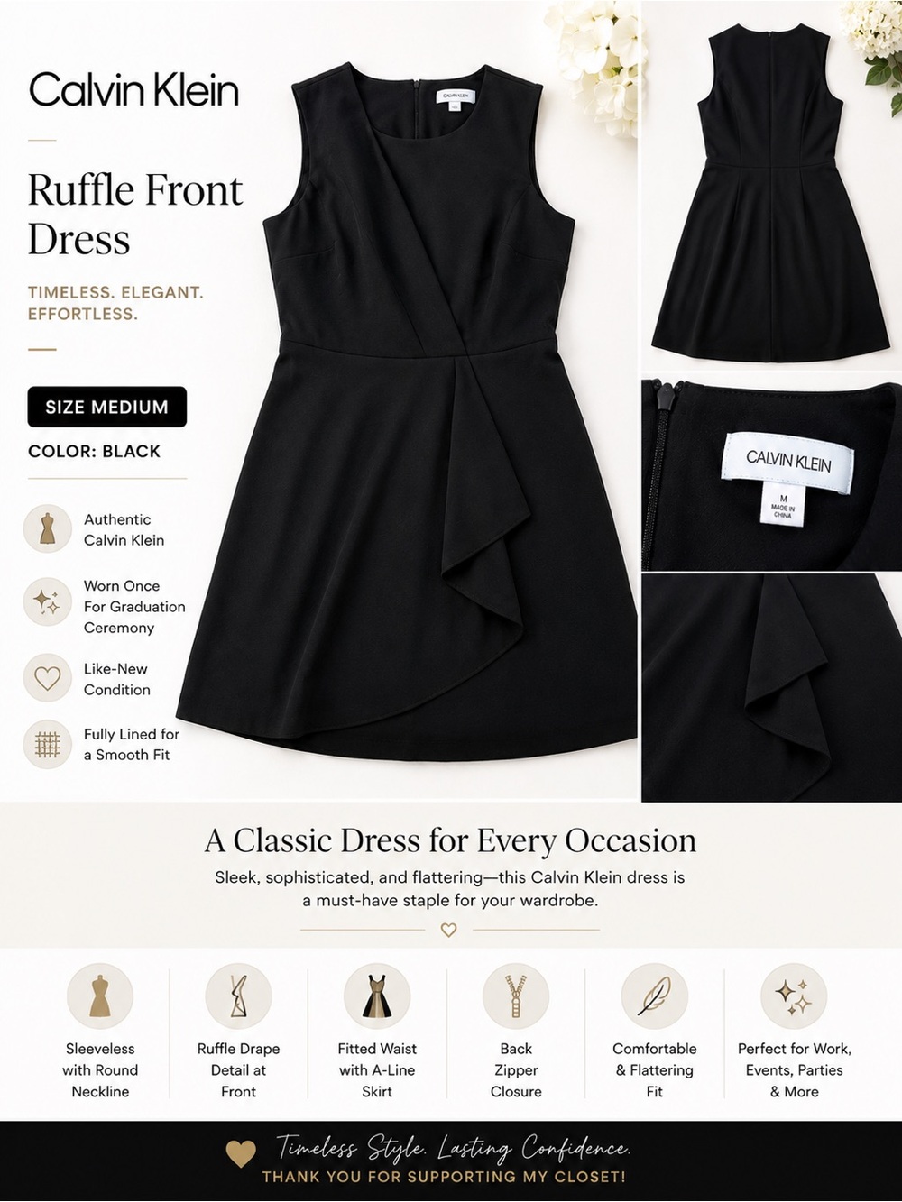 Calvin Klein Black Ruffle Sheath Dress Size M | Worn Once